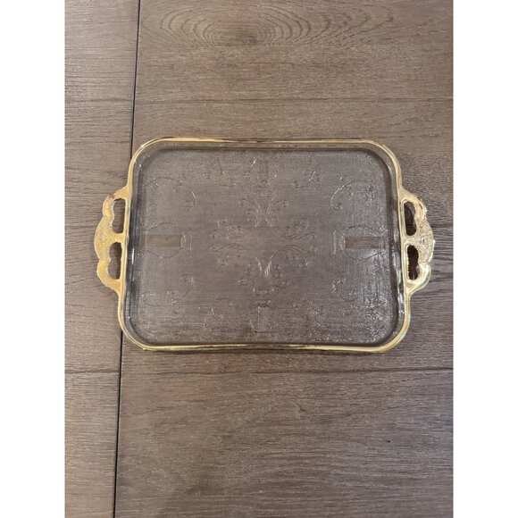 VTG  Jeanette Glass Embossed Harp and Scroll Tray Gilded Handles With Wear - Picture 1 of 10